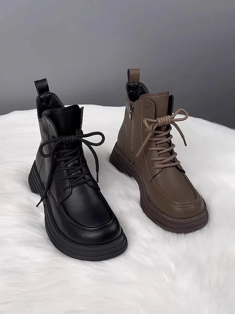 Plush Platform Warm Short Flat Bottom Lace Up Ankle Boots