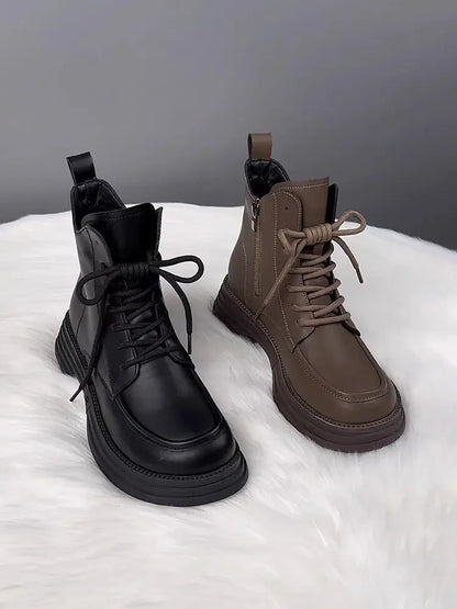 Plush Platform Warm Short Flat Bottom Lace Up Ankle Boots