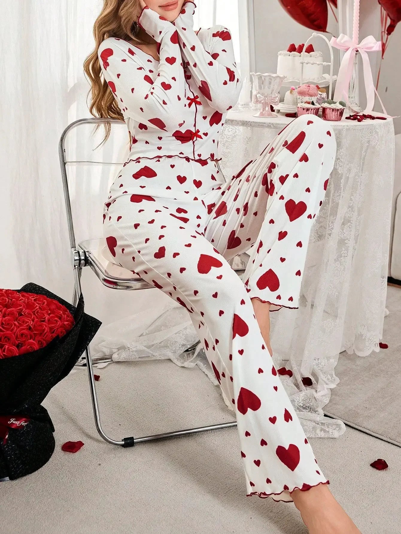 Heart Print Long Sleeve Pyjamas Set