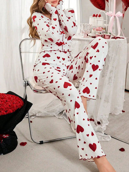 Heart Print Long Sleeve Pyjamas Set