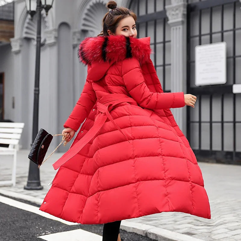 Bow Belt Fox Fur Collar Long Thick Coat