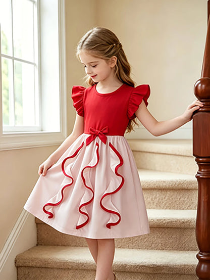 Girls Red and White Color Block Princess Flutter Sleeve Bow Tutu Dress