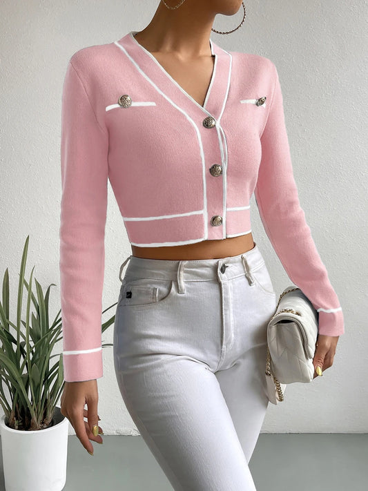 V Neck Button Front Striped  Sweater