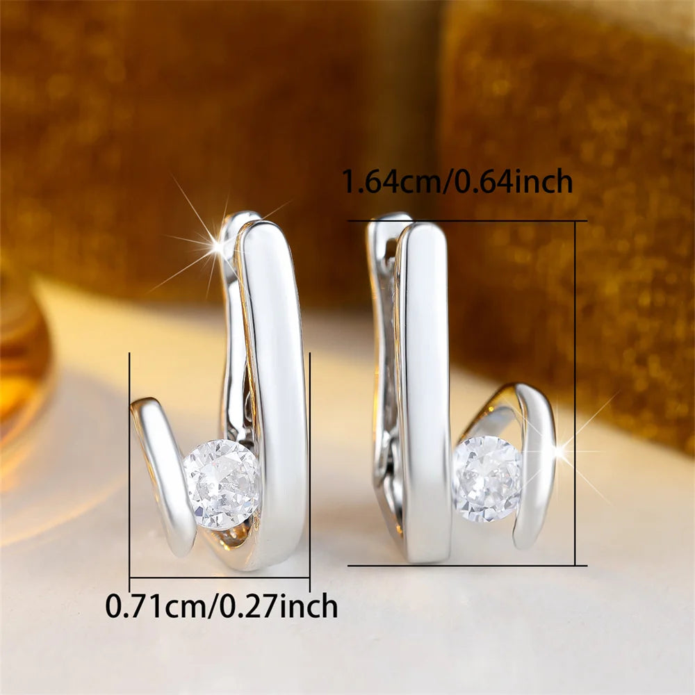 White Zircon Round Stone Geometric Hoop Earrings