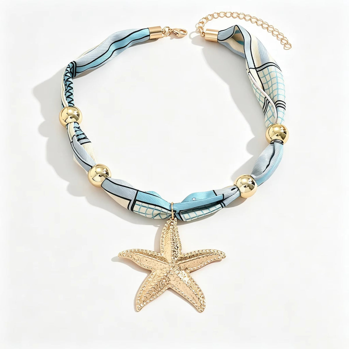 Boho Printed Fabric Choker Gold Starfish Shell Cowrie Necklace