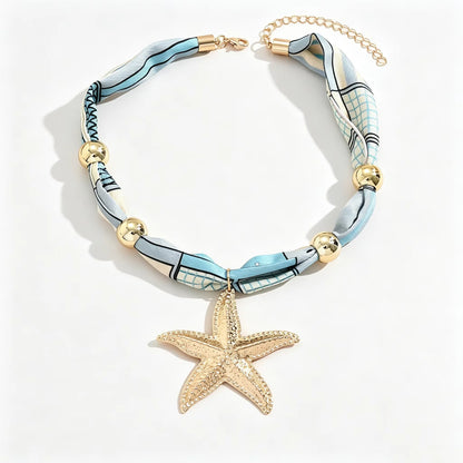 Boho Printed Fabric Choker Gold Starfish Shell Cowrie Necklace