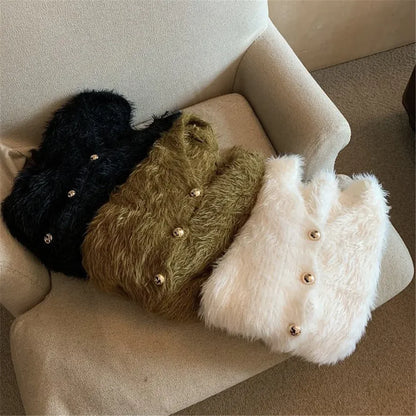 Streetwear Korean Knitwear Solid Slim Jumpers Cropped Mohair Sweater Coat
