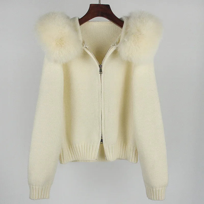 Autumn Winter Casual Hooded Real Fox Fur Collar Short Knitted Jacket