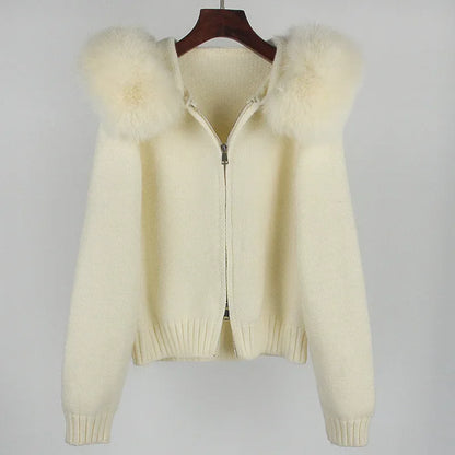 Autumn Winter Casual Hooded Real Fox Fur Collar Short Knitted Jacket