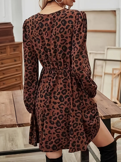 Leopard Printed V-Neck Lace Up Bubble Long Sleeved Sexy Mini Dress