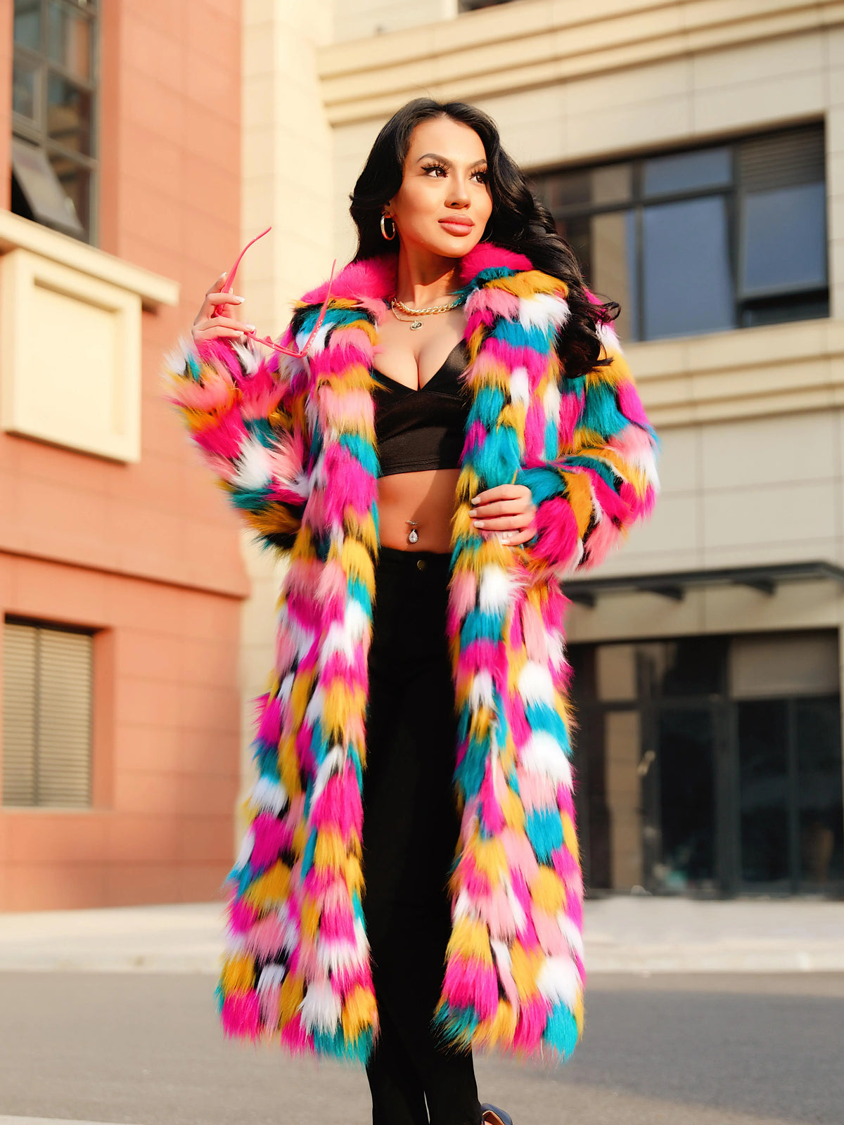 Elegant Faux Fur Rainbow Long Artificial Turf Coat