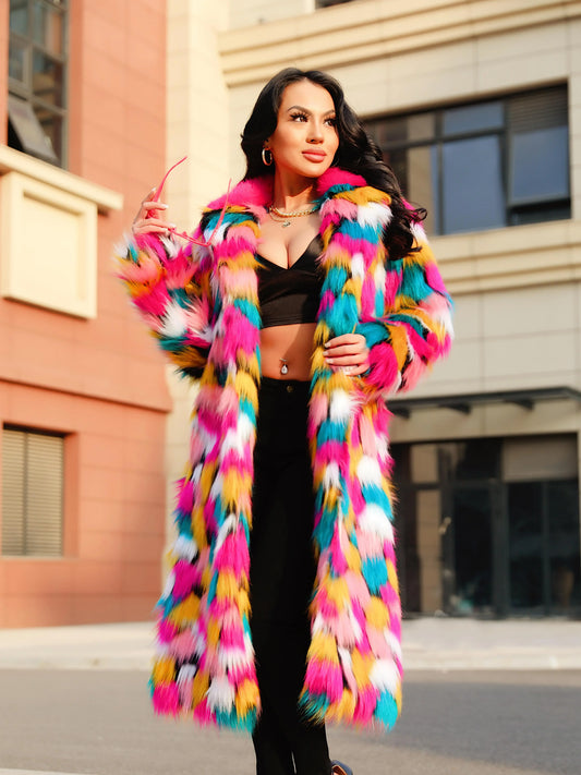 Elegant Faux Fur Rainbow Long Artificial Turf Coat
