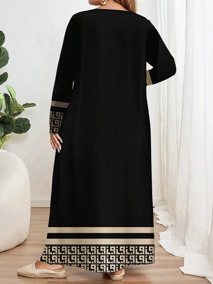 Plus-size geometric long sleeve dress