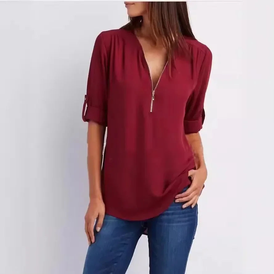 Loose Shirt Deep V Neck Chiffon Blouse