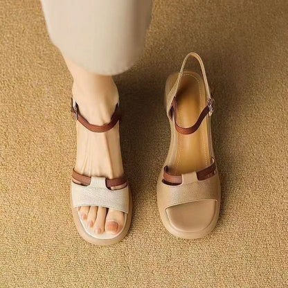 Soft Leather Chunky Heel Non-slip Platform Sandals