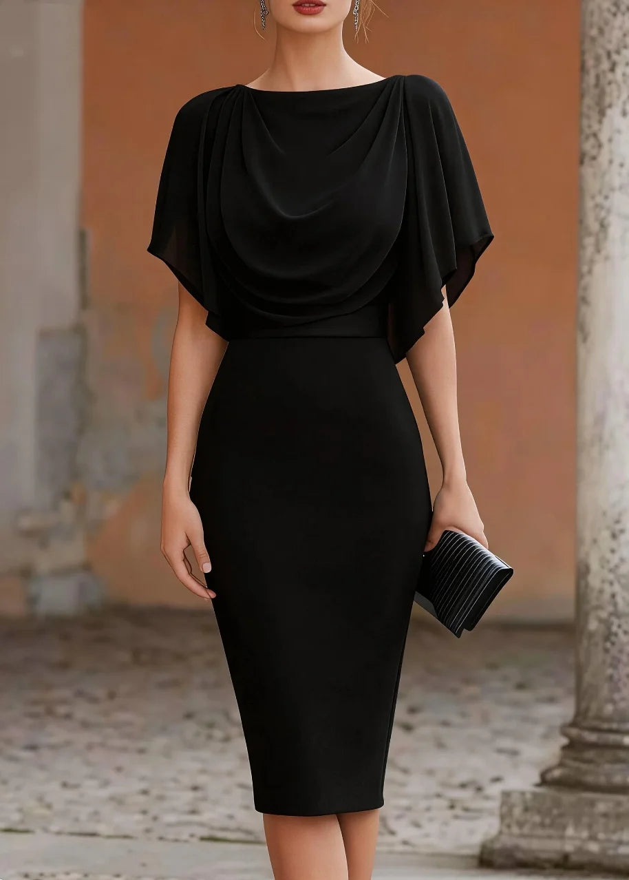 Short Sleeve Midi Dress Cowl Neck Draped Cape Bodycon Dress