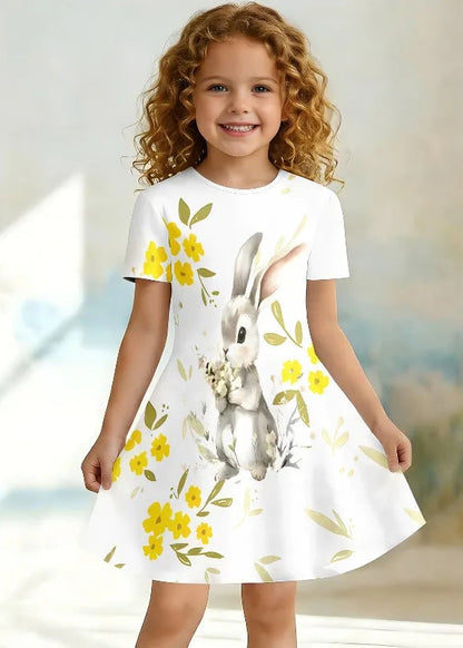 Watercolor Rabbit Leopard Heart Kpop Short Sleeve Swing Dress