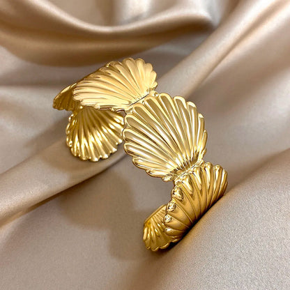 Gold Stainless Steel Open Exaggerated Fish Conch Shell Chunky Bangle Bracelets