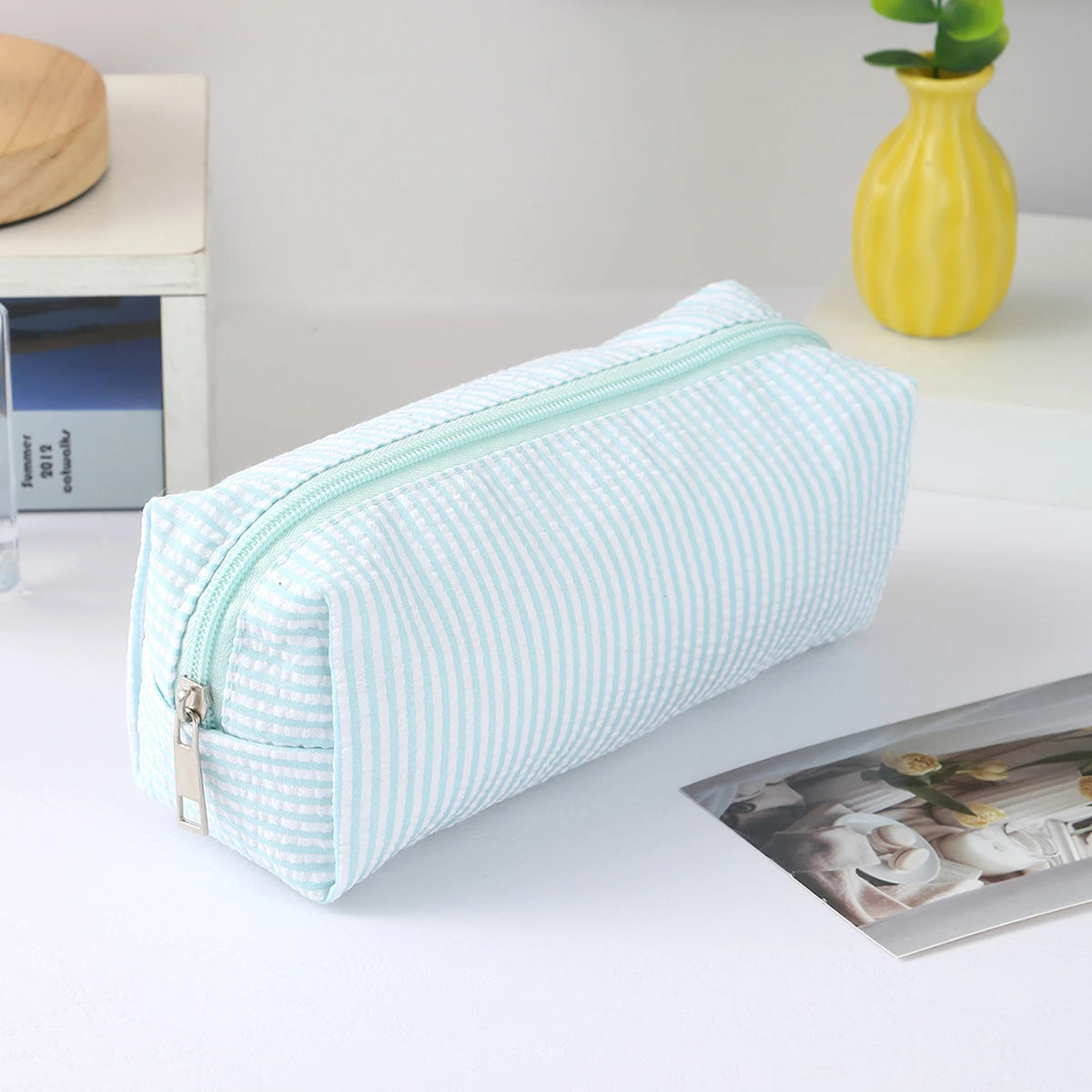 Cute Striped Canvas Pencil Case Small Travel Pouch with Zipper