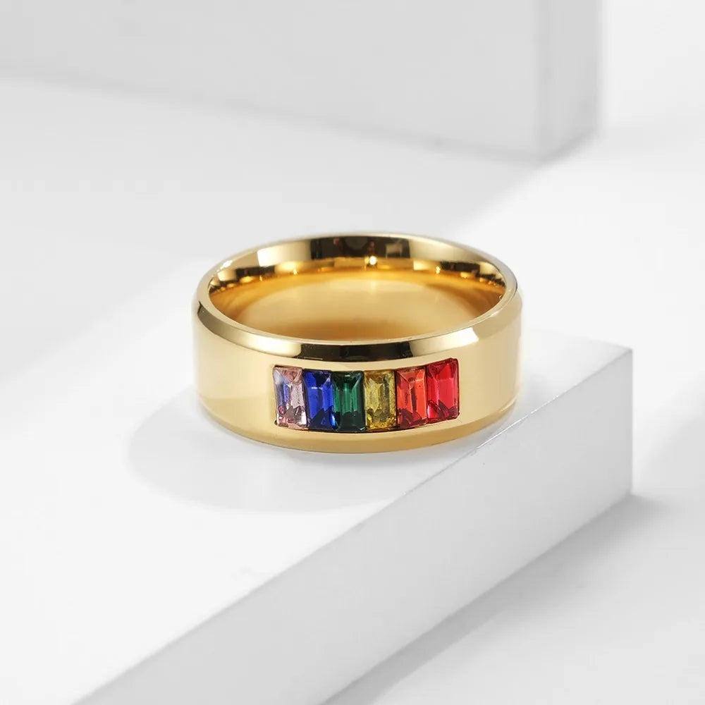 8mm Titanium Steel Rainbow Zircon Rings