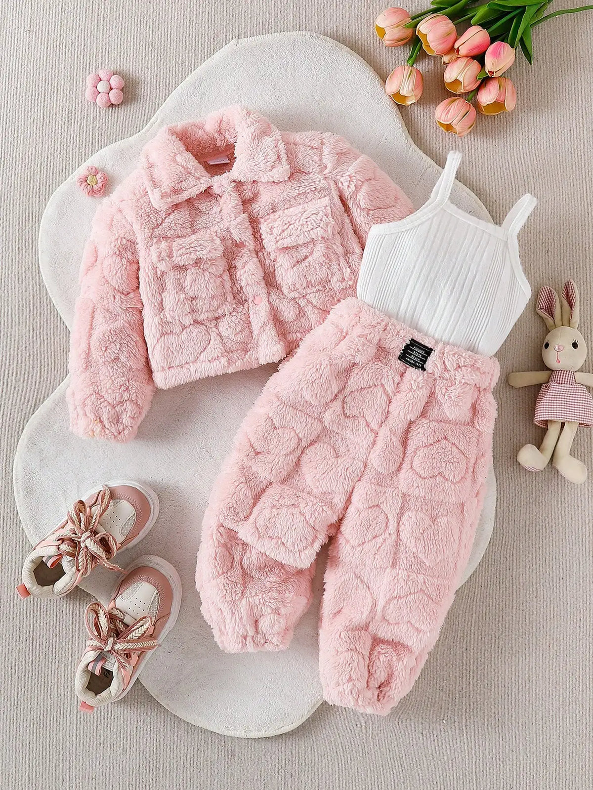 Baby girl casual pink plush long sleeved jacket Set