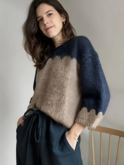 Deep Blue and Light Brown Wave Edge Design with Casual Retro Style Sweater