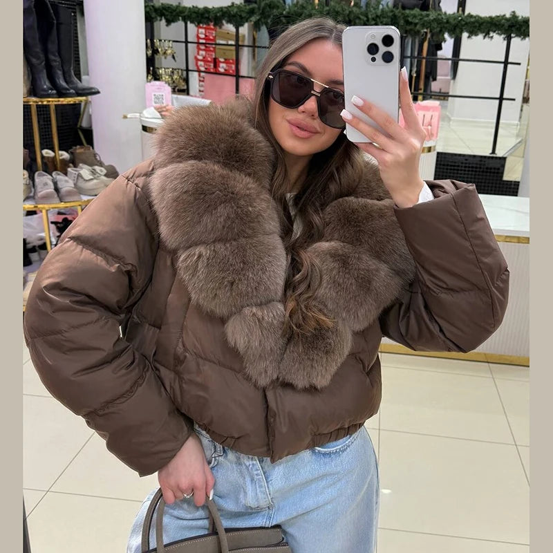 Luxury Thick Faux Fox Fur Collar Cropped Puffer Oversized Jacket