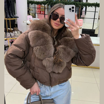 Luxury Thick Faux Fox Fur Collar Cropped Puffer Oversized Jacket