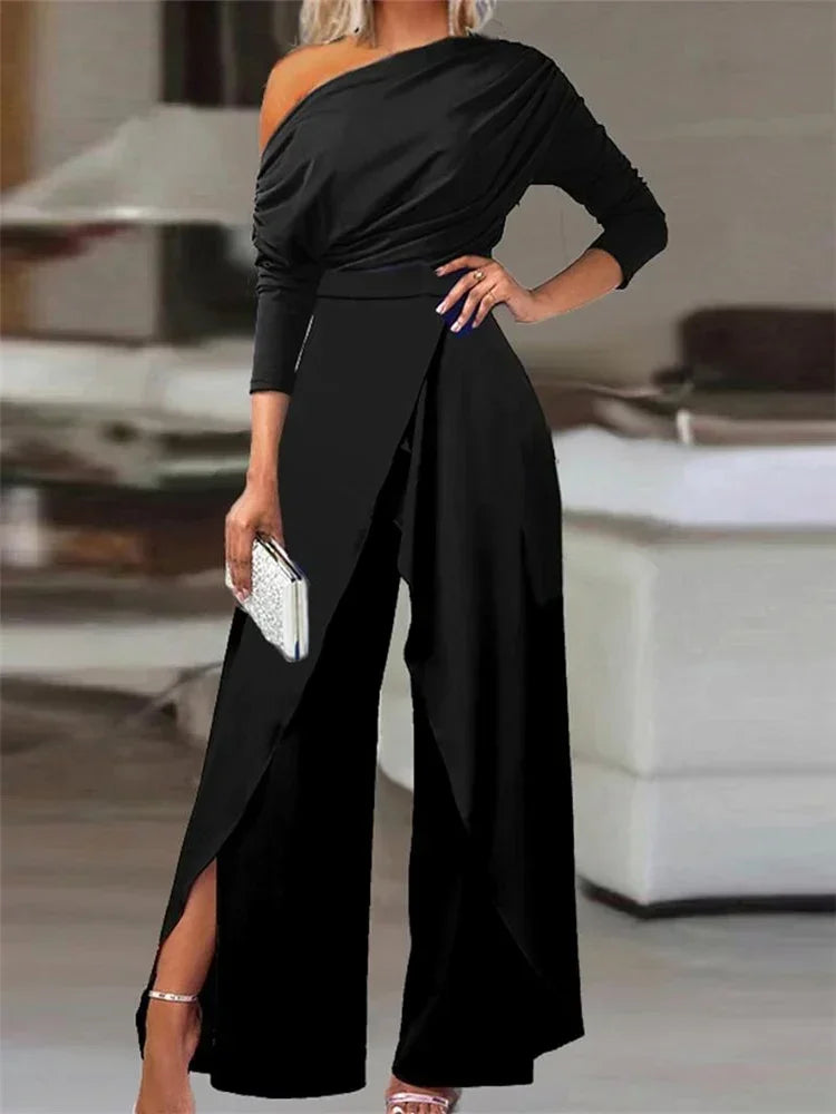Elegant Loose Ruched Cold Shoulder Wide Leg Jumpsuit