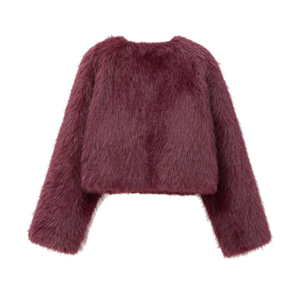 Faux fur Fall/Winter Effect Round Neck Long Sleeve Short Jacket