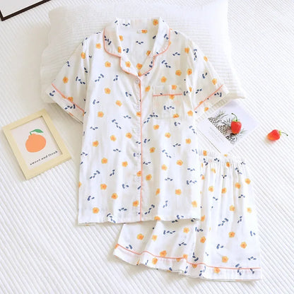 Japanese 100% Cotton Gauze Thin Short-sleeved Shorts Cute Cat Cartoon Pajama Set