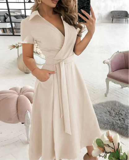 Short Sleeve Wrap V Neck Midi Dress