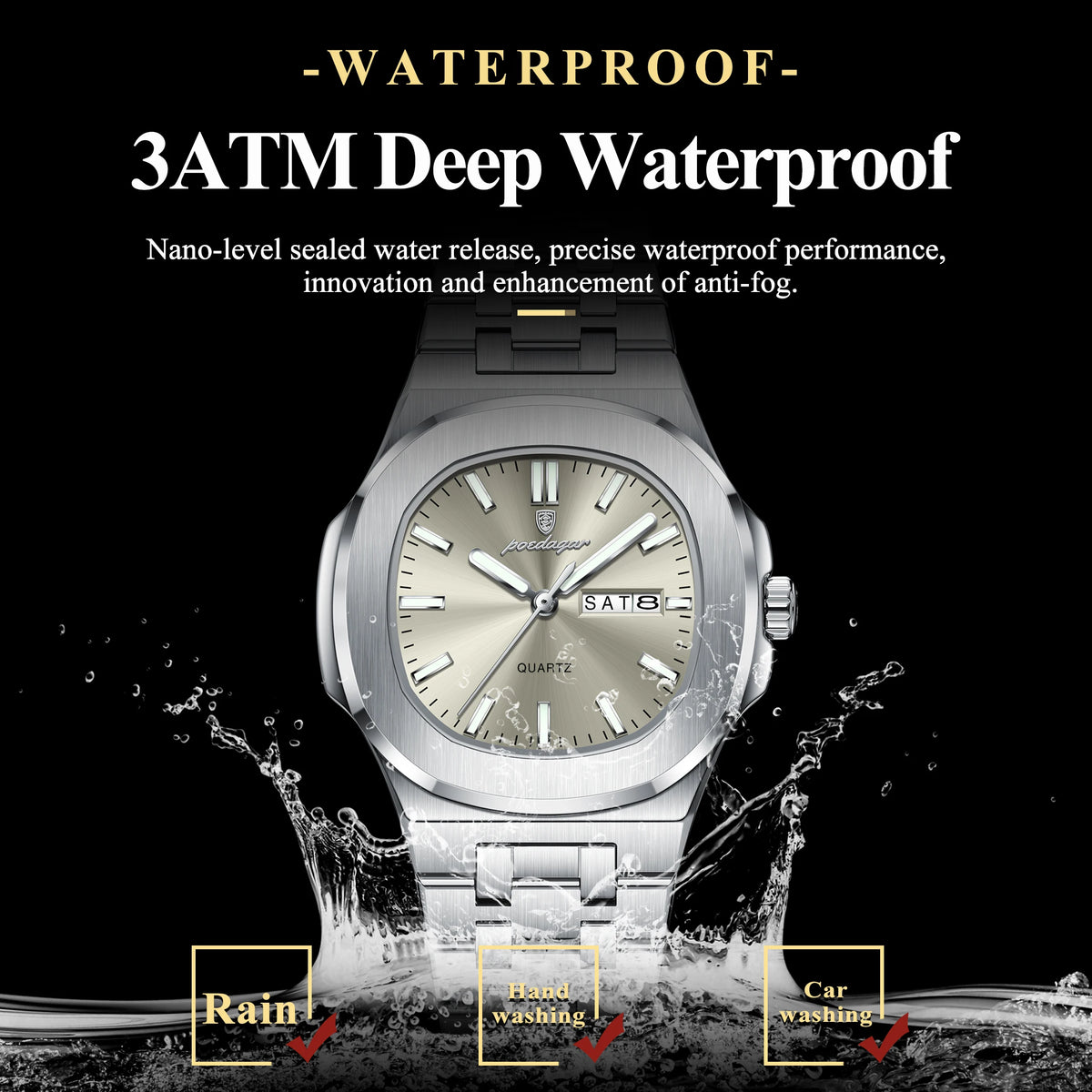 Square Date Week Waterproof Luminous Stainless Steel Quartz Watches