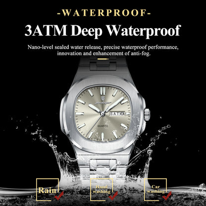 Square Date Week Waterproof Luminous Stainless Steel Quartz Watches