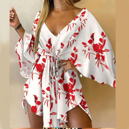 Bat Sleeve Ruffle Flowers Bohemian Mini Dress