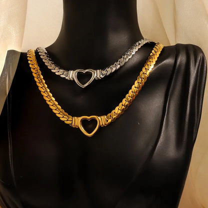 Stainless Steel Solid Gold Pvd Plated Chunky Thick Chain Hollow Heart Choker Necklace