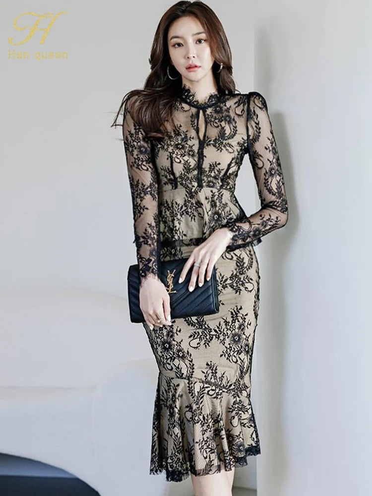 Spring Lace High Waist Mermaid Korean Skirts Suits
