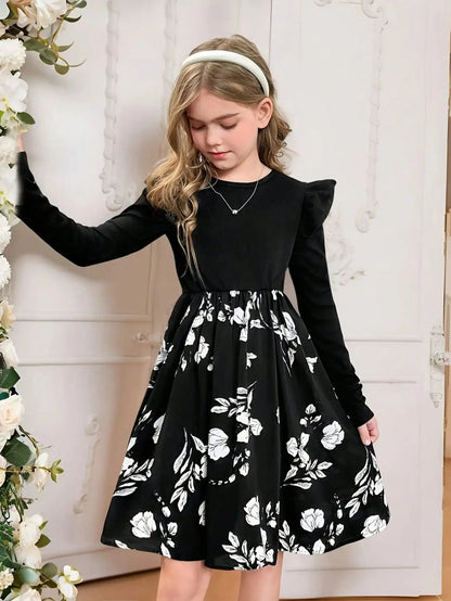 Girl's Casual Long-Sleeved Round-Neck Floral Dress
