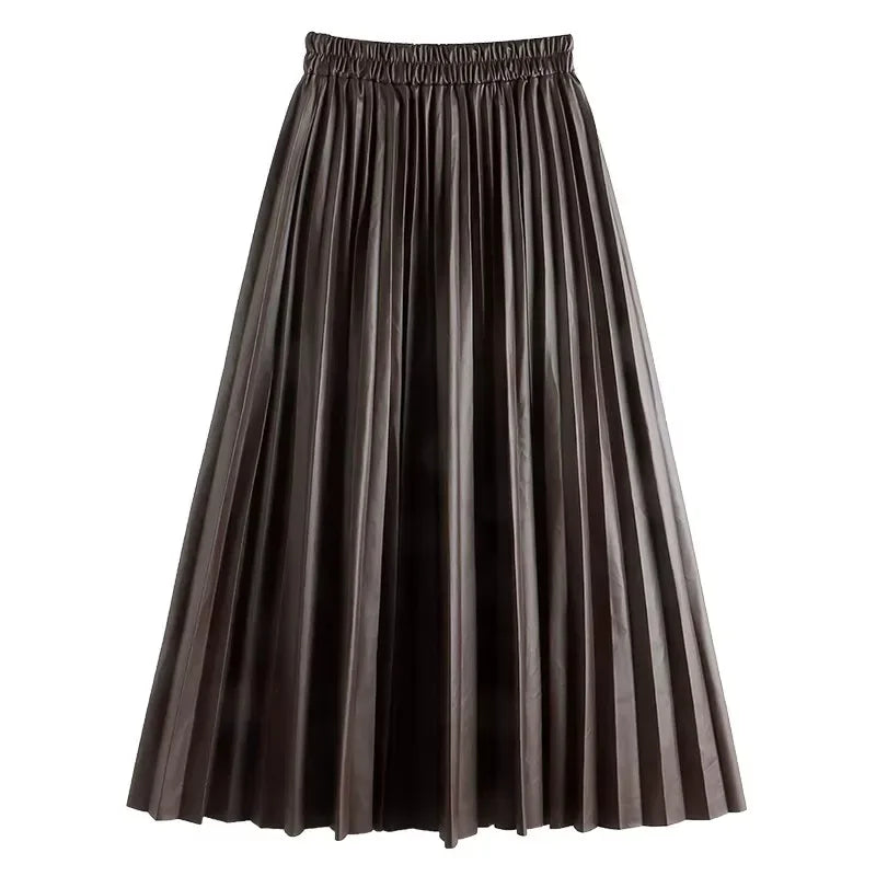 Leather Pleated High Waist long Skirt