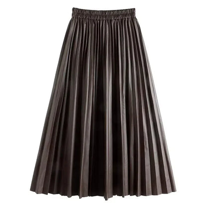 Leather Pleated High Waist long Skirt