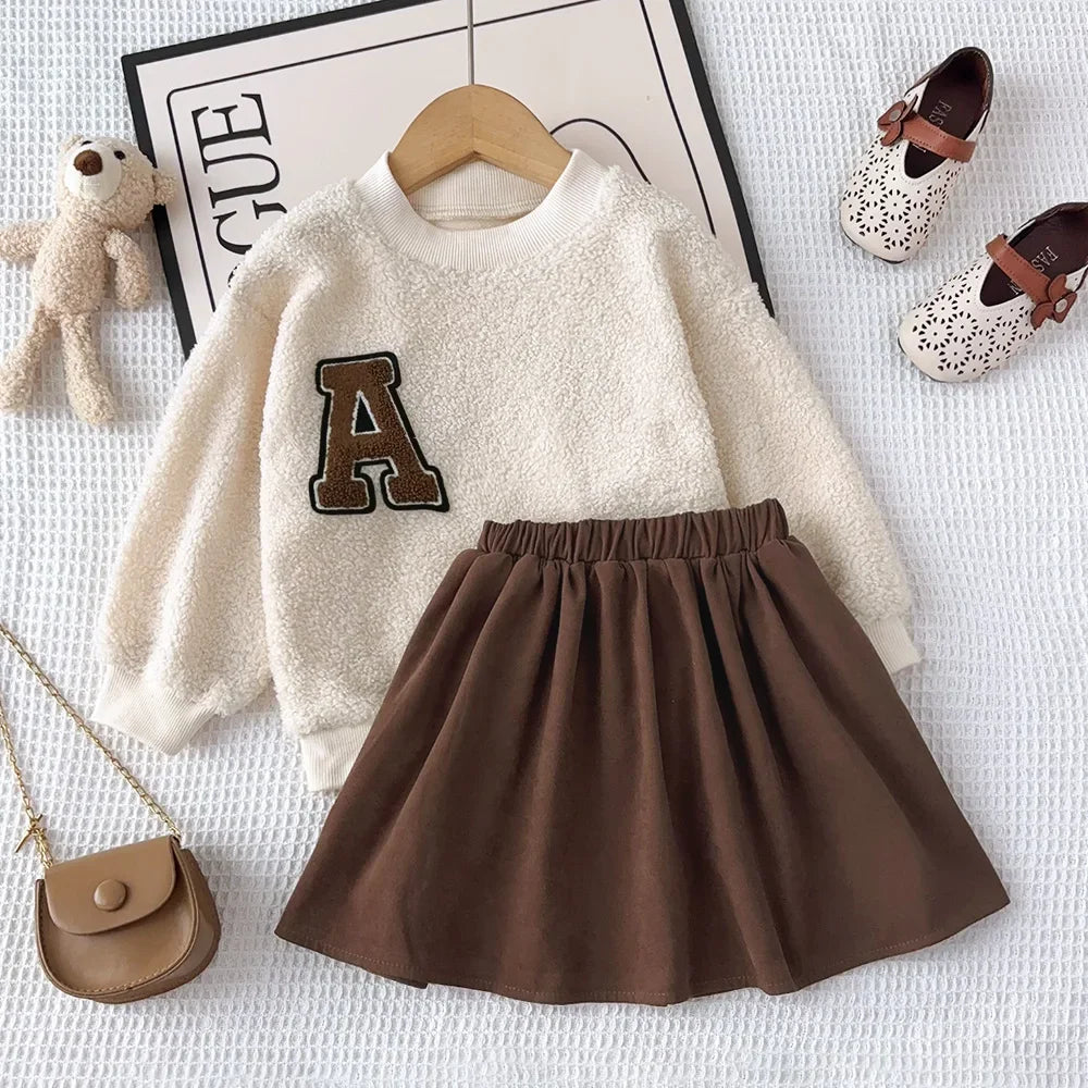 College Style Bow Long Sleeve Plush Top + Short Skirt Sets