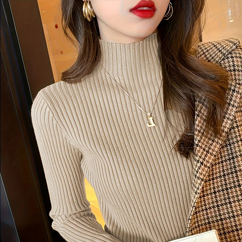 Knitted Long Sleeve Mock Neck White Knit Tops Sweaters