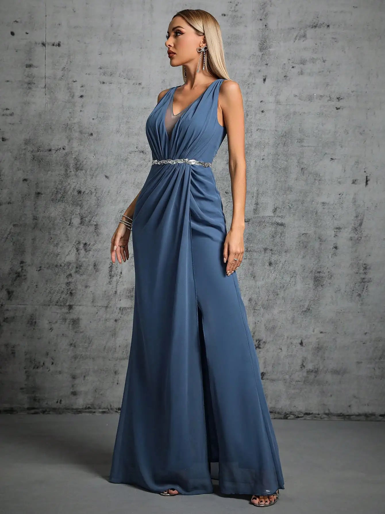 Mgiacy Shoulder silver sequin belt pleated chiffon slit skirt Dress
