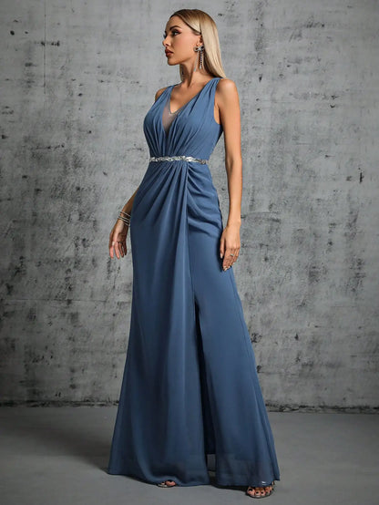 Mgiacy Shoulder silver sequin belt pleated chiffon slit skirt Dress