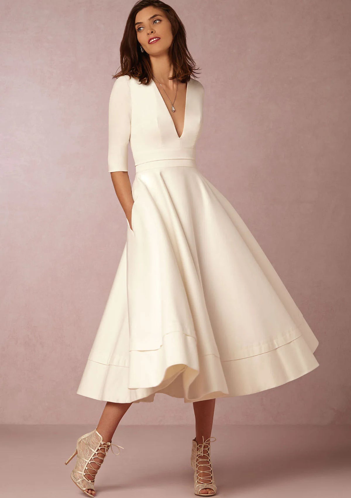 Short Sleeve V-neck Slit Solid High Quality Long Dress