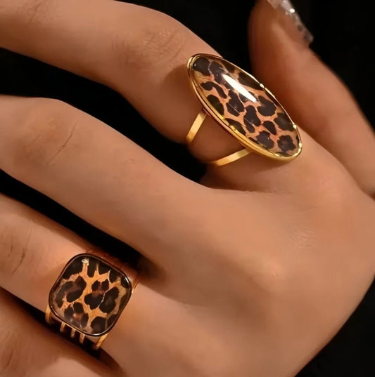 Stainless Steel Retro Geometric Leopard Pattern Adjustable 18K Gold Rings
