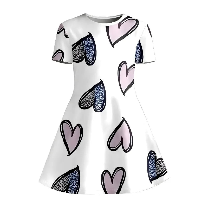 Watercolor Rabbit Leopard Heart Kpop Short Sleeve Swing Dress