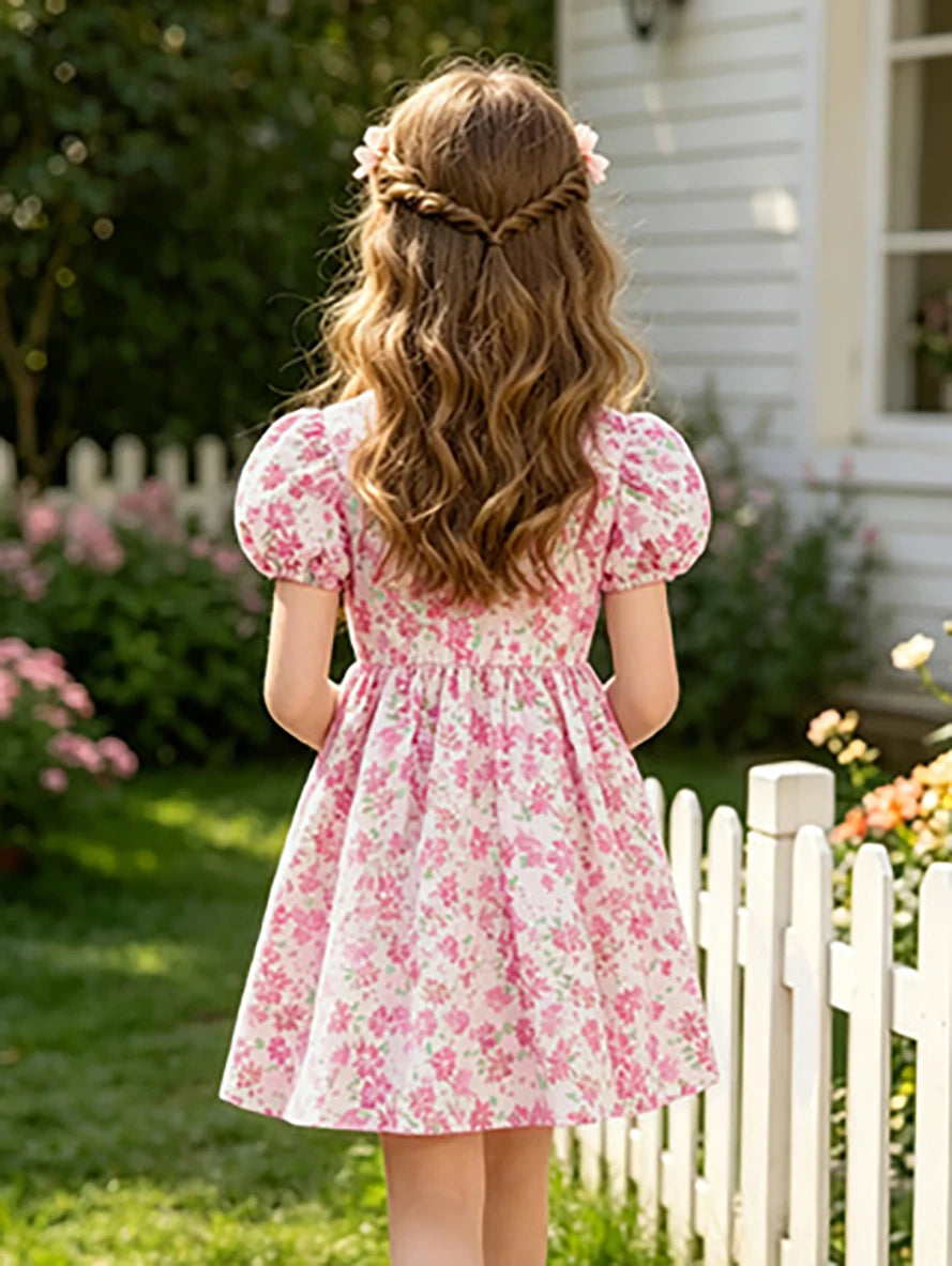 Pink Floral Summer Puff Sleeve Princess Dress