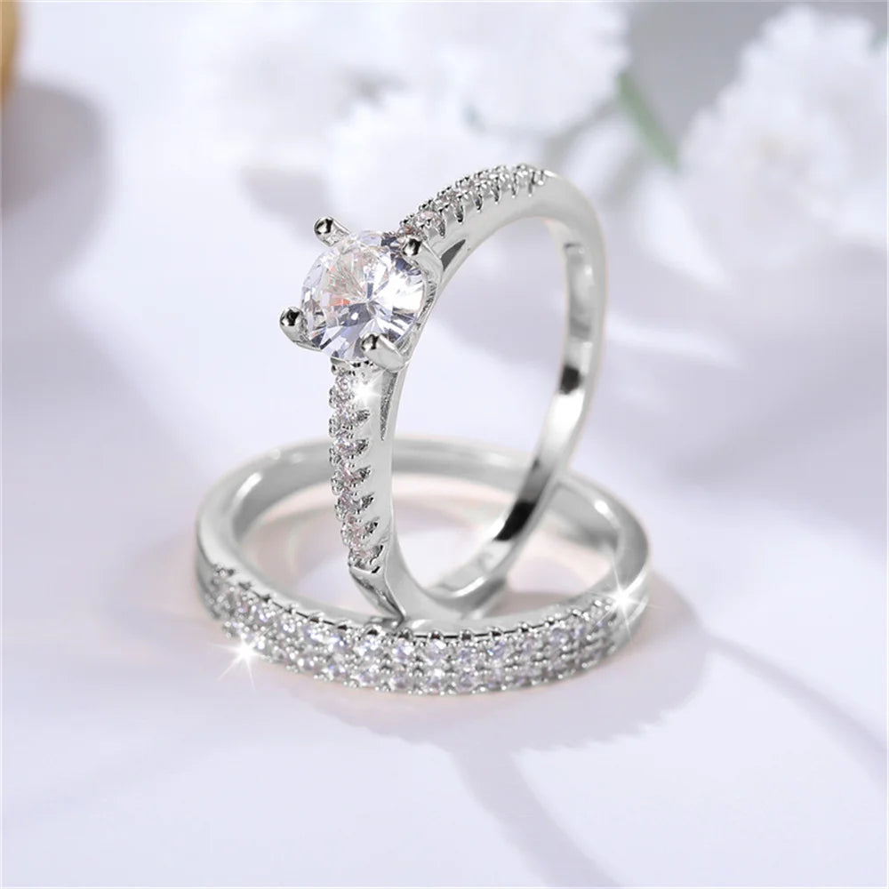 2pcs Small Round White Zircon Stone Ring Set