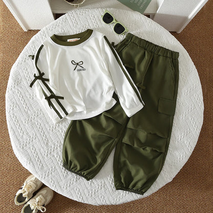 Autumn Red Bow Decoration Letter Embroidery Long Sleeved Pants Set
